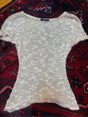 deb Metallic Knit Short Sleeve Top - Gold Speckled and Pearl Embellished